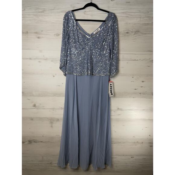 JKARA Dress Womens 8 Blue Silver Sequin Beaded Gown Formal Evening Maxi New - Picture 1 of 10